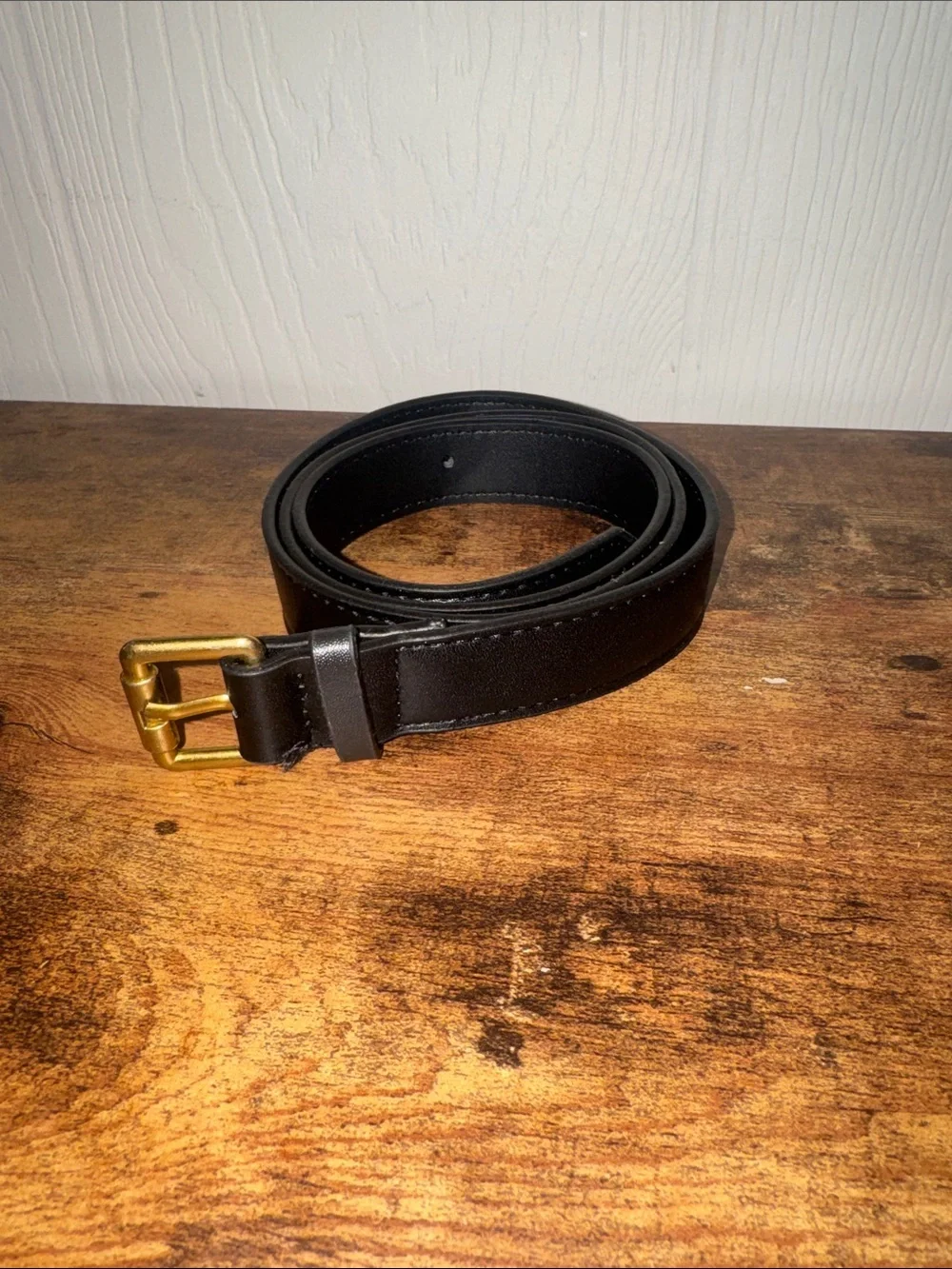 Classic Black Leather Belt with Brass Buckle